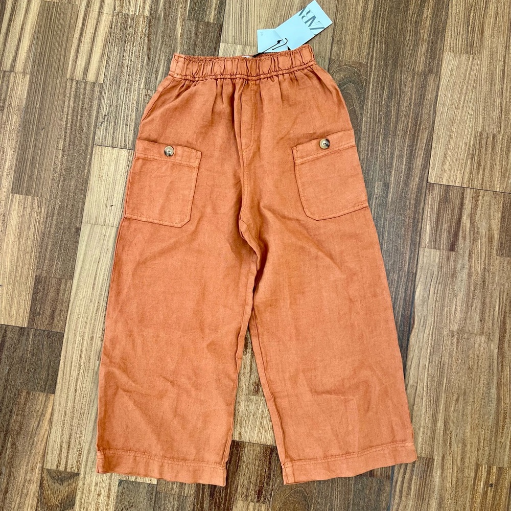 NWT Zara kids orange 100% linen wide leg baggy cropped pants size 11-12